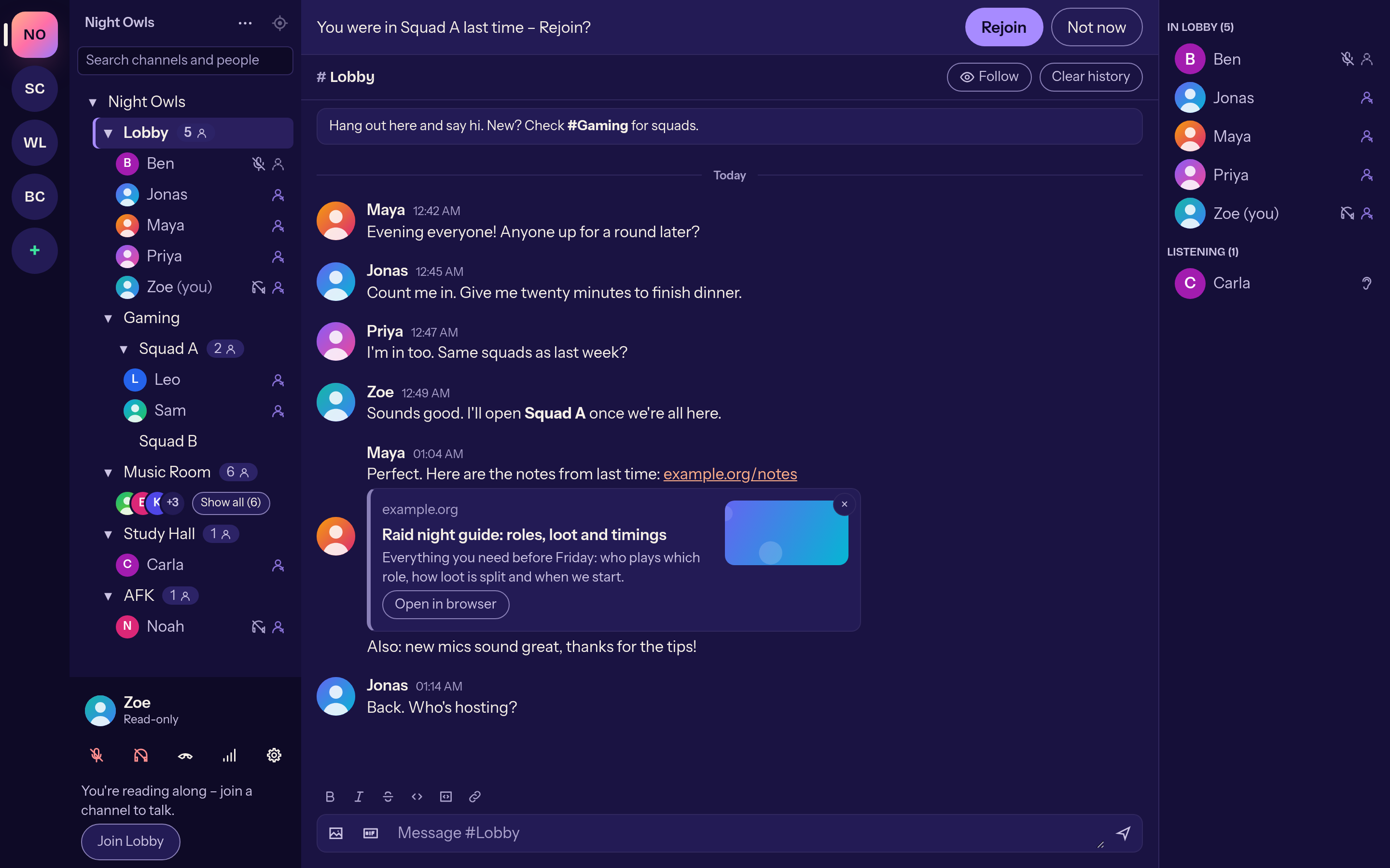 Banner offering to rejoin the last voice channel