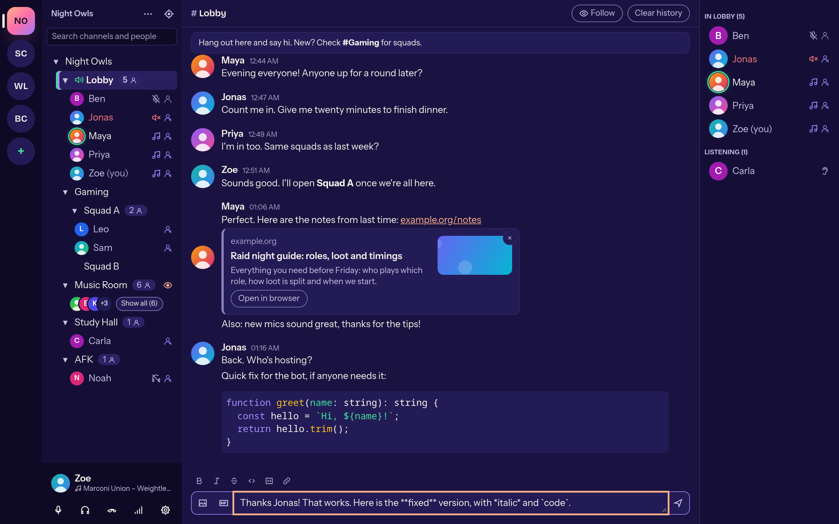 Chat with highlighted code and the formatting toolbar