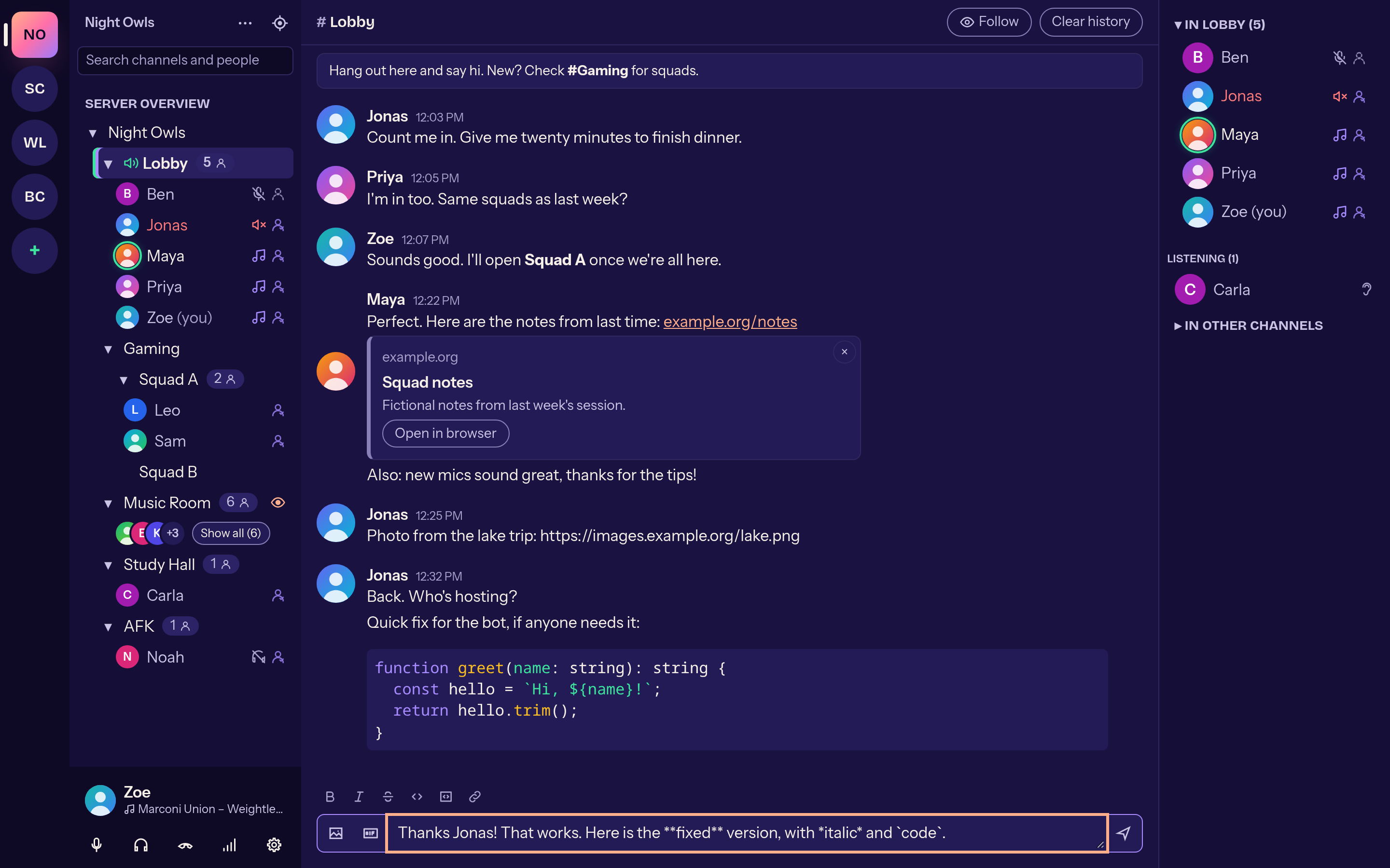 Chat se zvýrazněným kódem a formátovací lištou