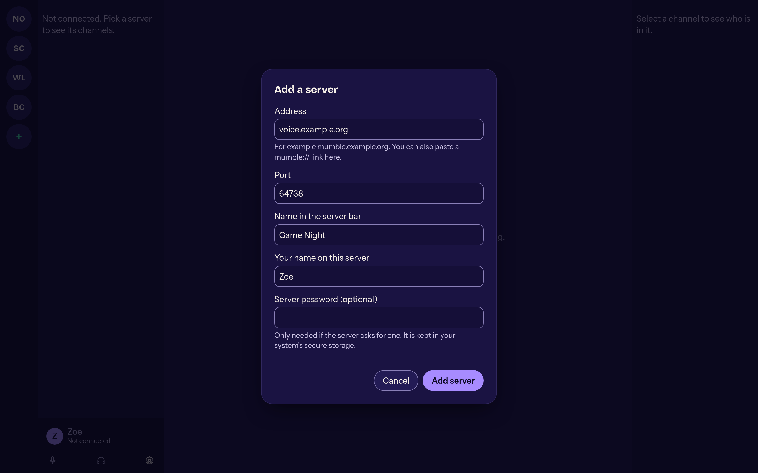 “Add server” dialog