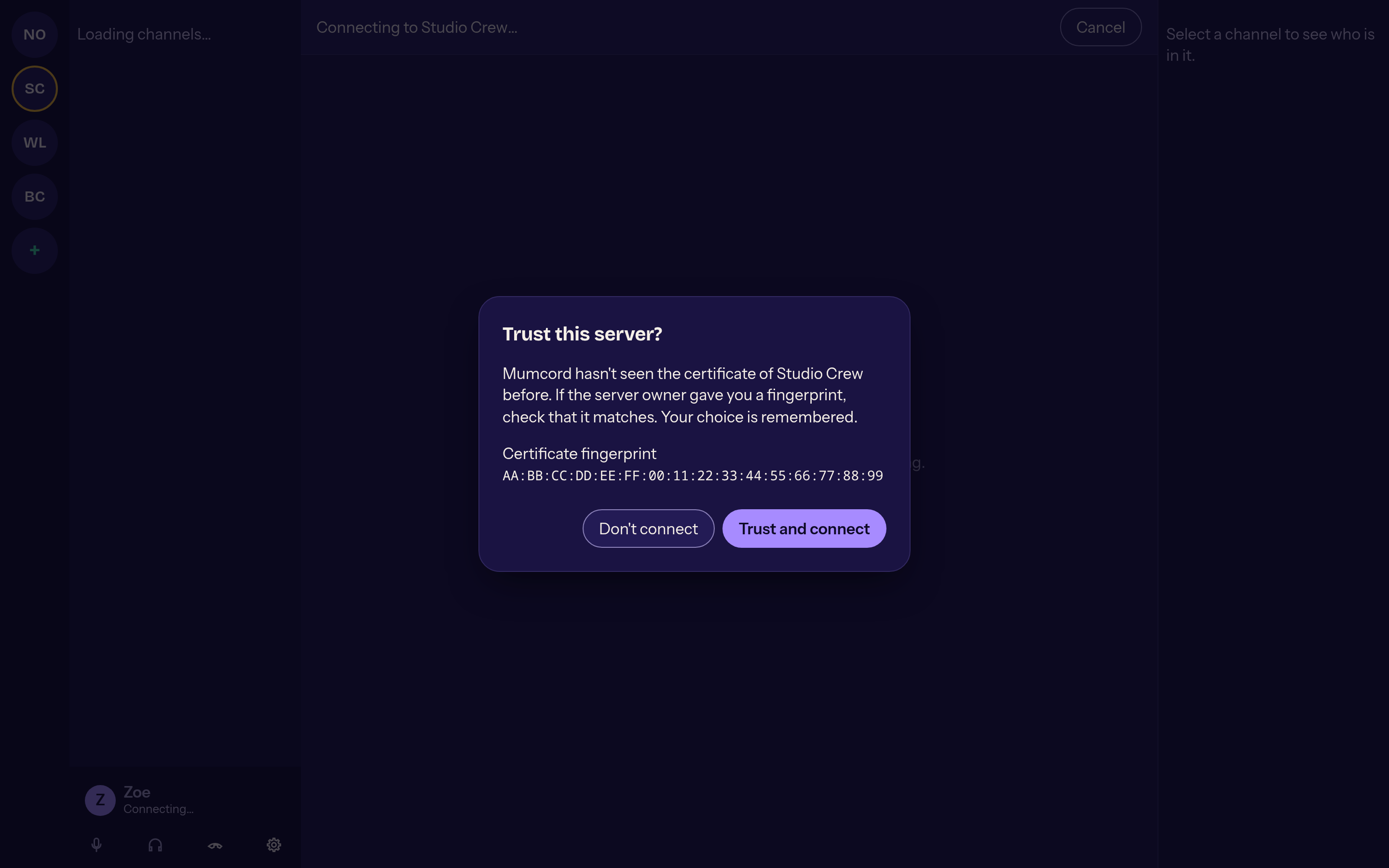 Certificate trust dialog with fingerprint