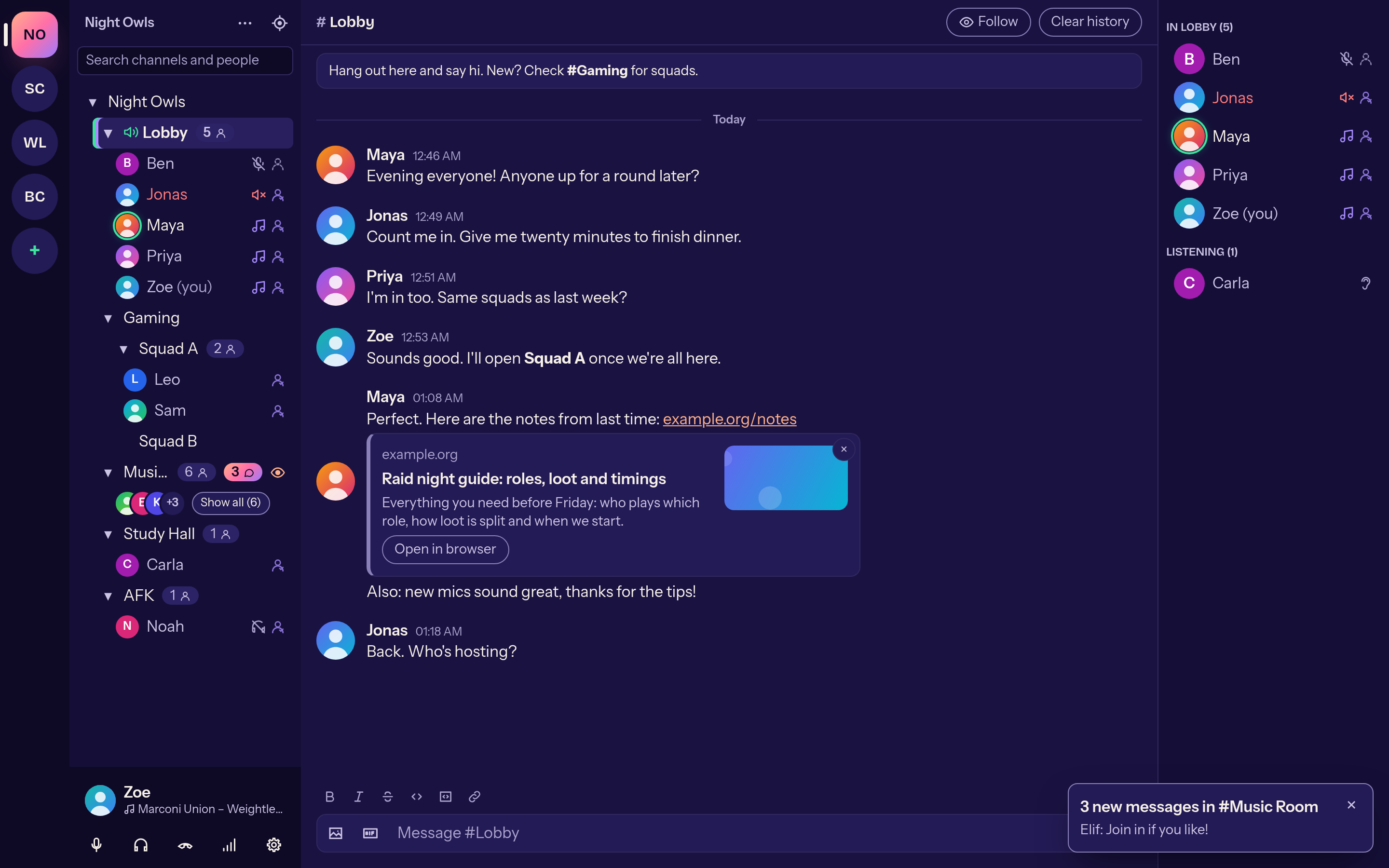 Channel list with eye icons and unread counts