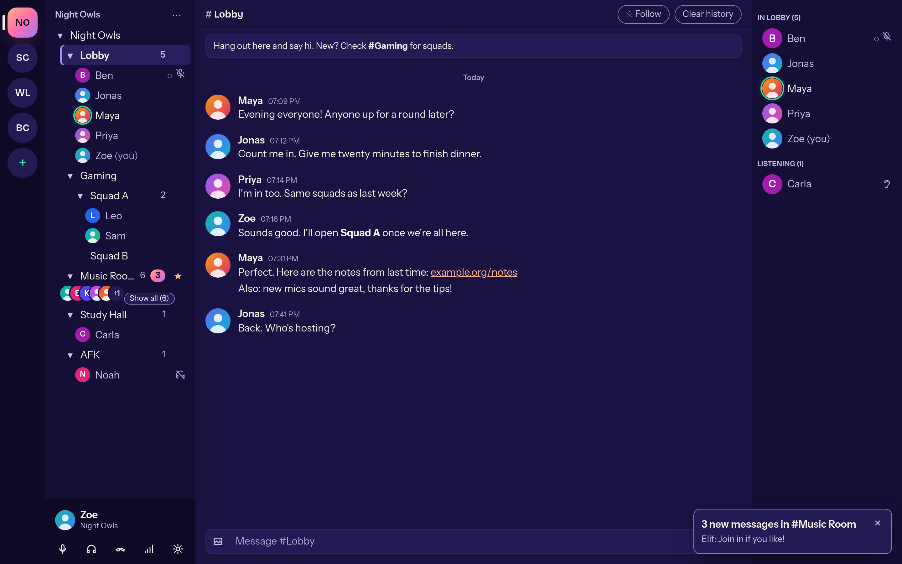 Follow channels with a star, unread messages as a badge.