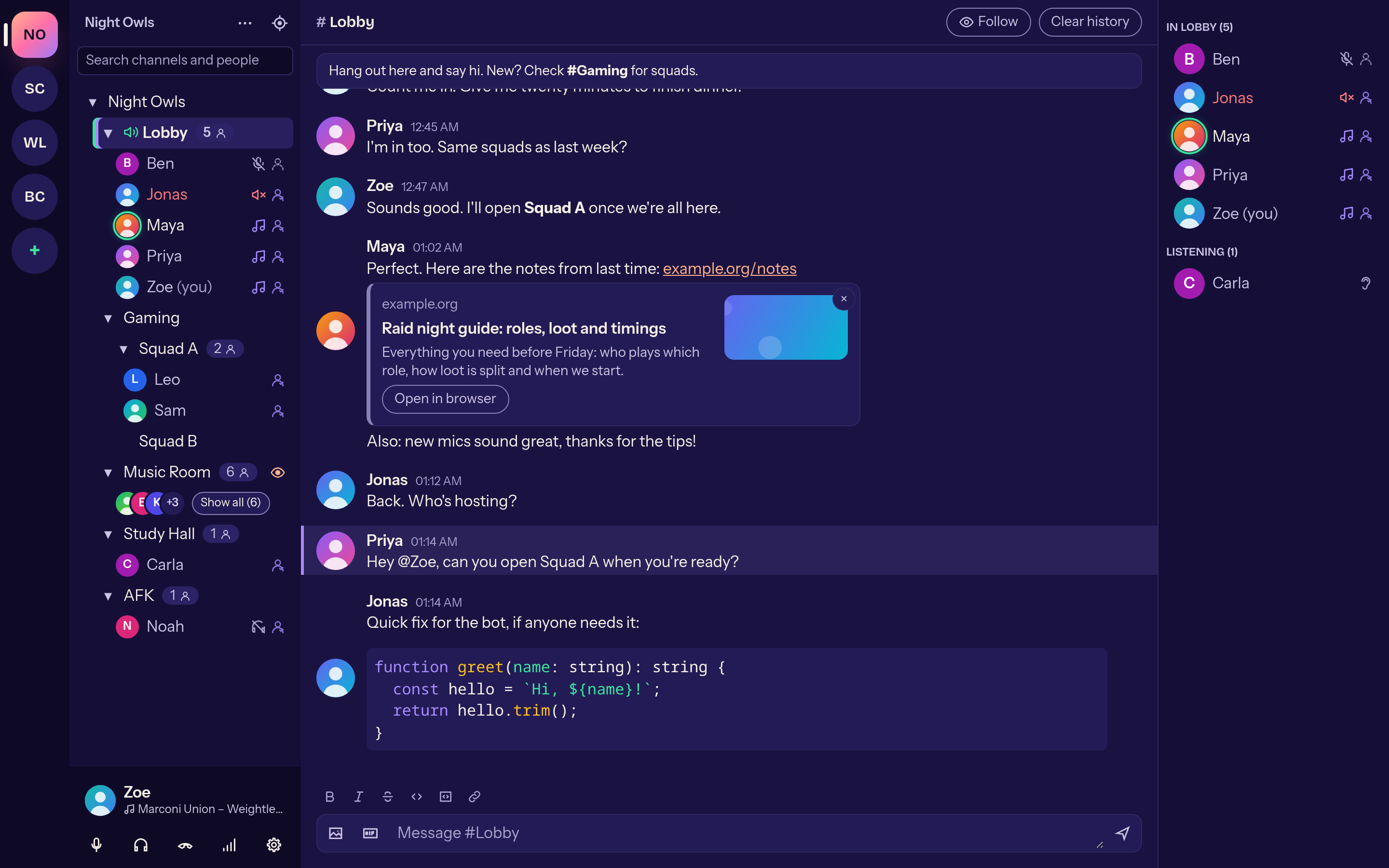 Main window with chat, channel list and member list