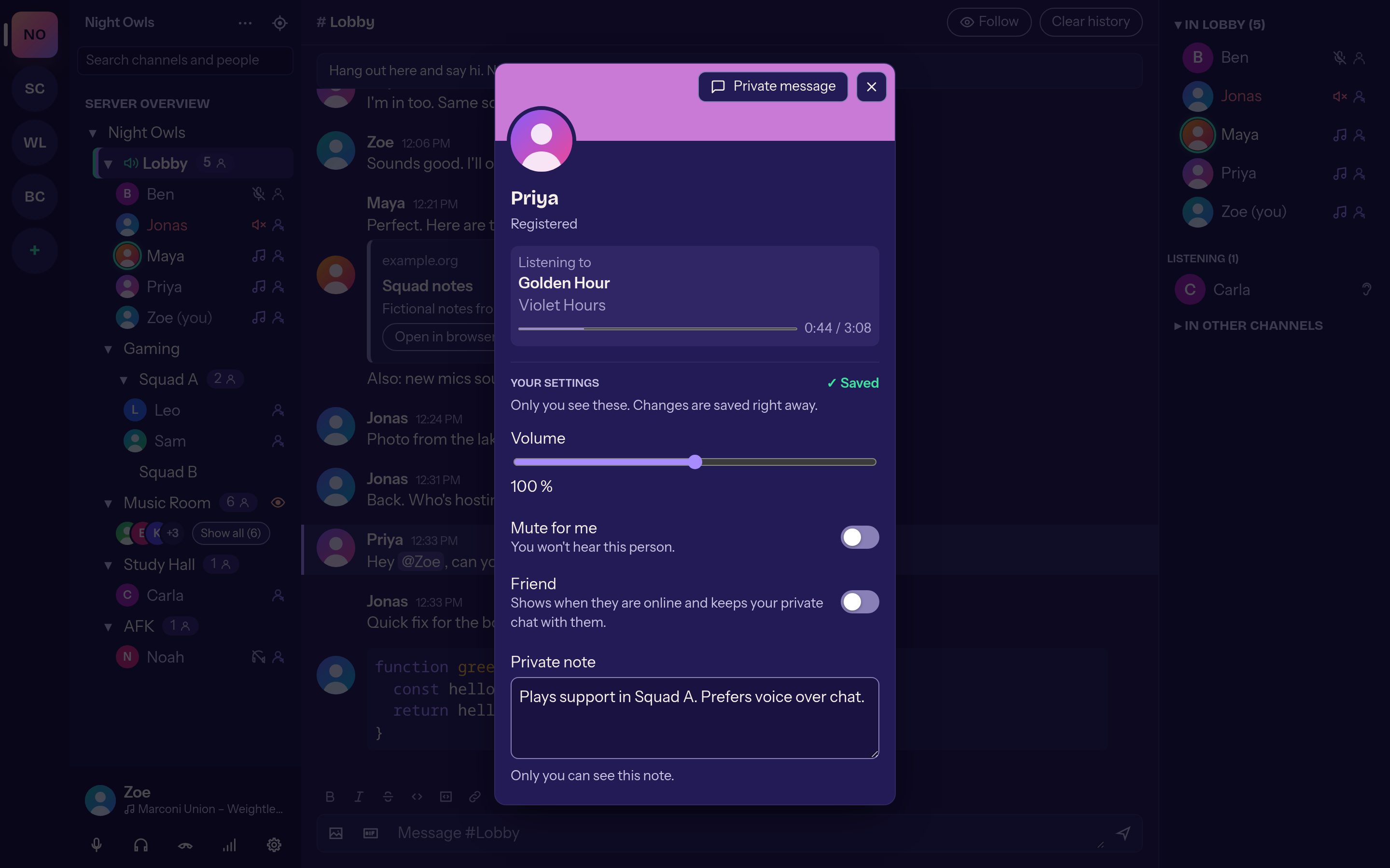 Celý profil s hudbou, nastaveními pro danou osobu a soukromou poznámkou