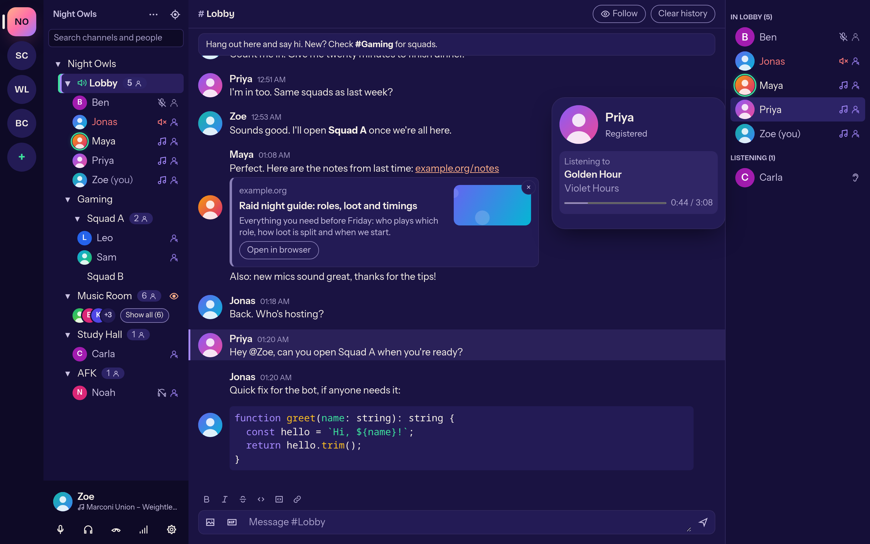Profile card with “Listening to” and a progress bar