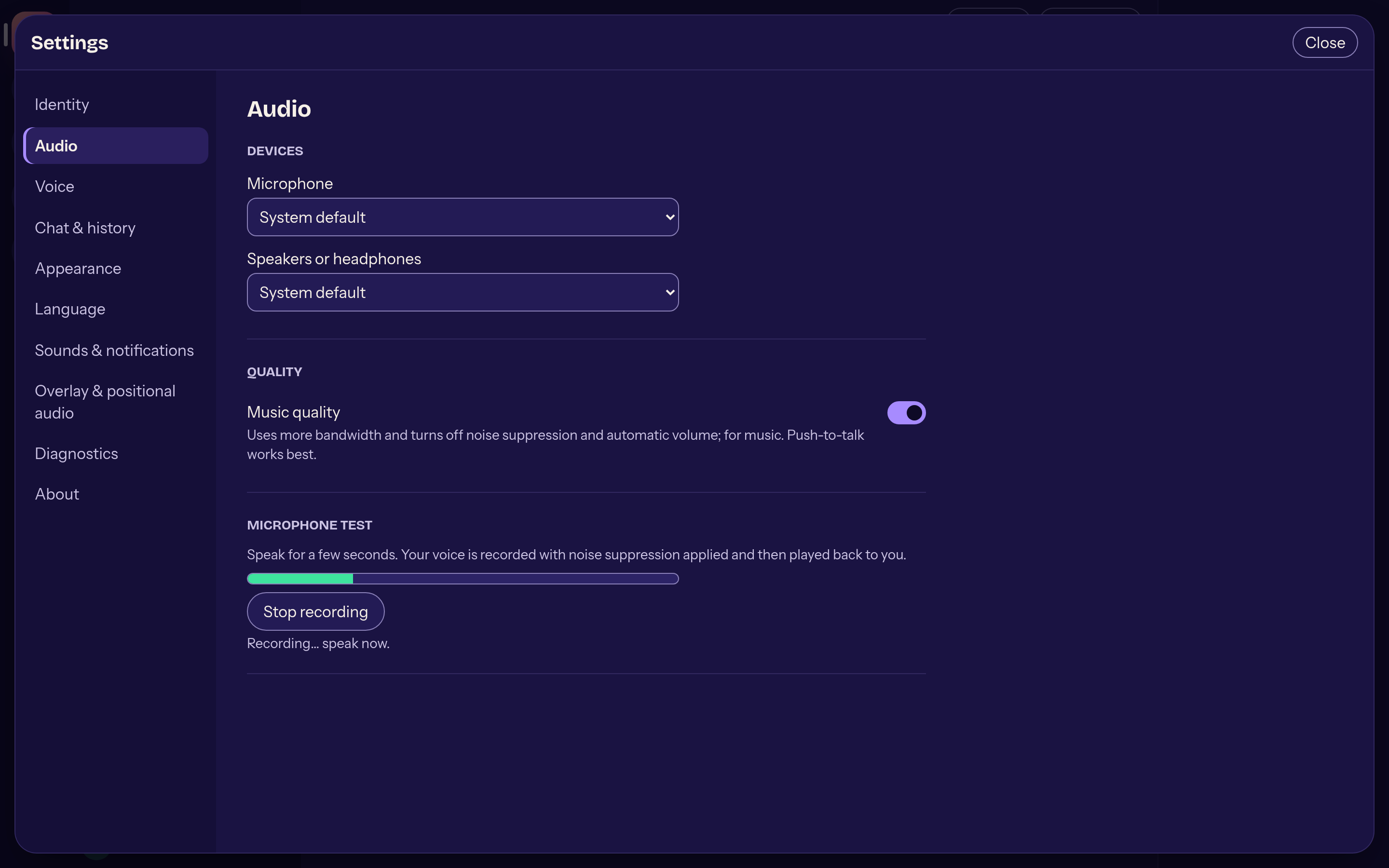 Settings, audio section with the music quality switch