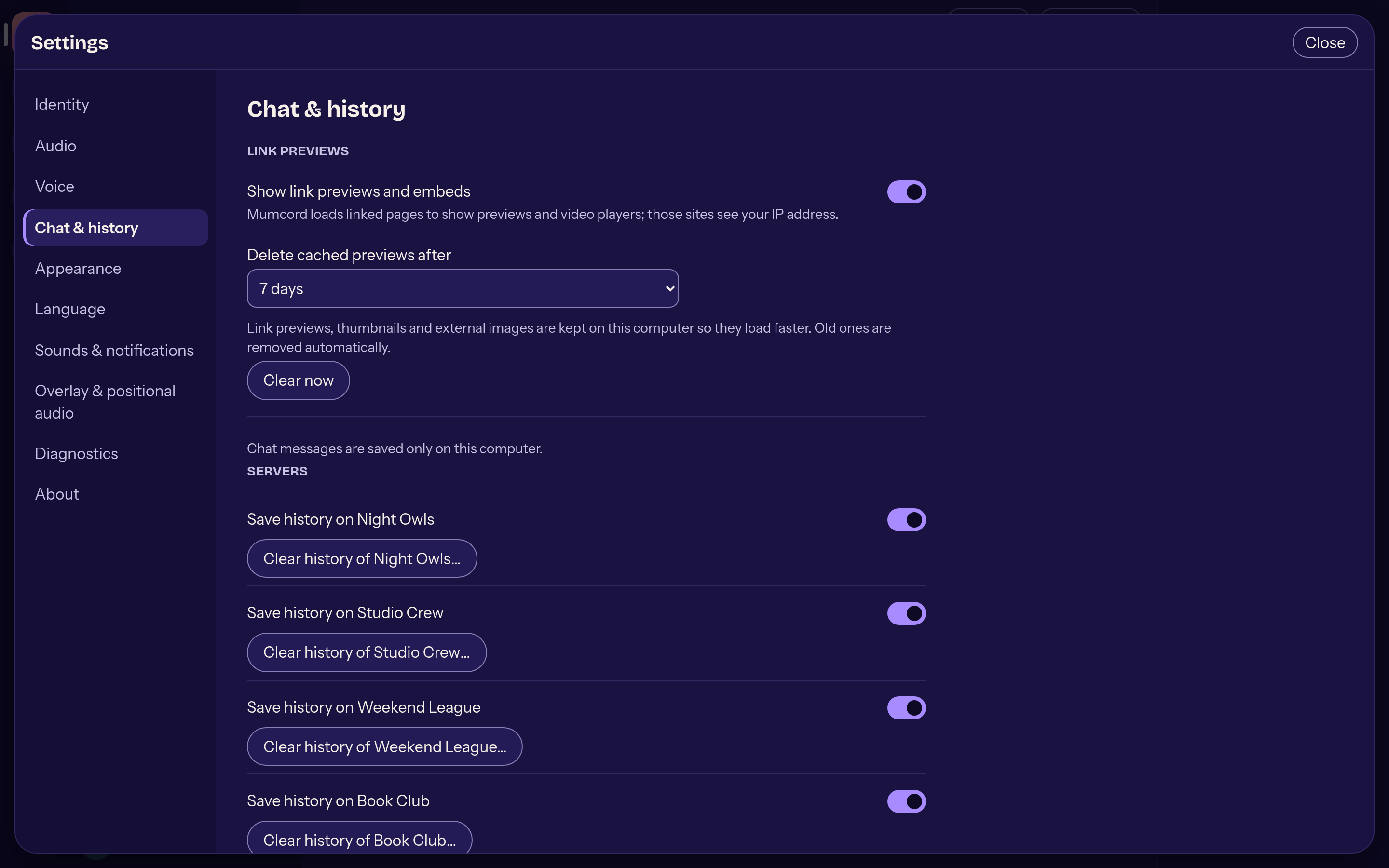 Settings, chat and history section