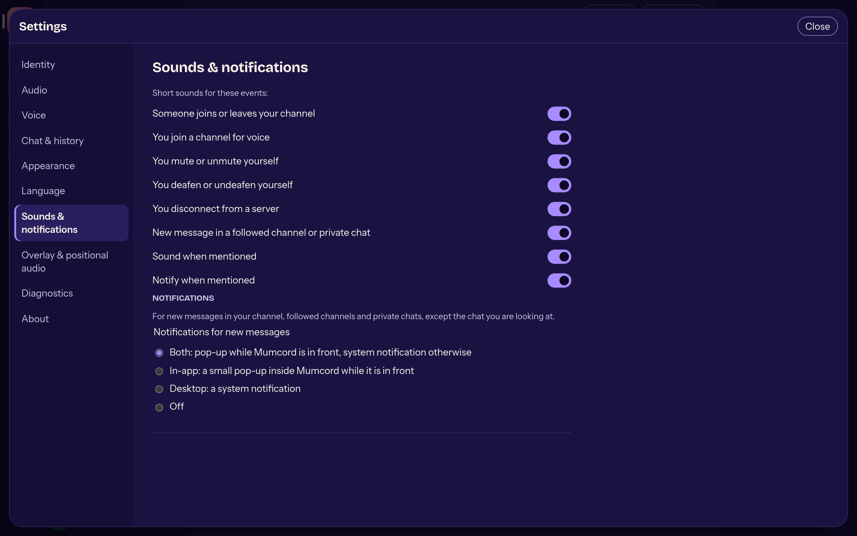 Settings, sounds and notifications section