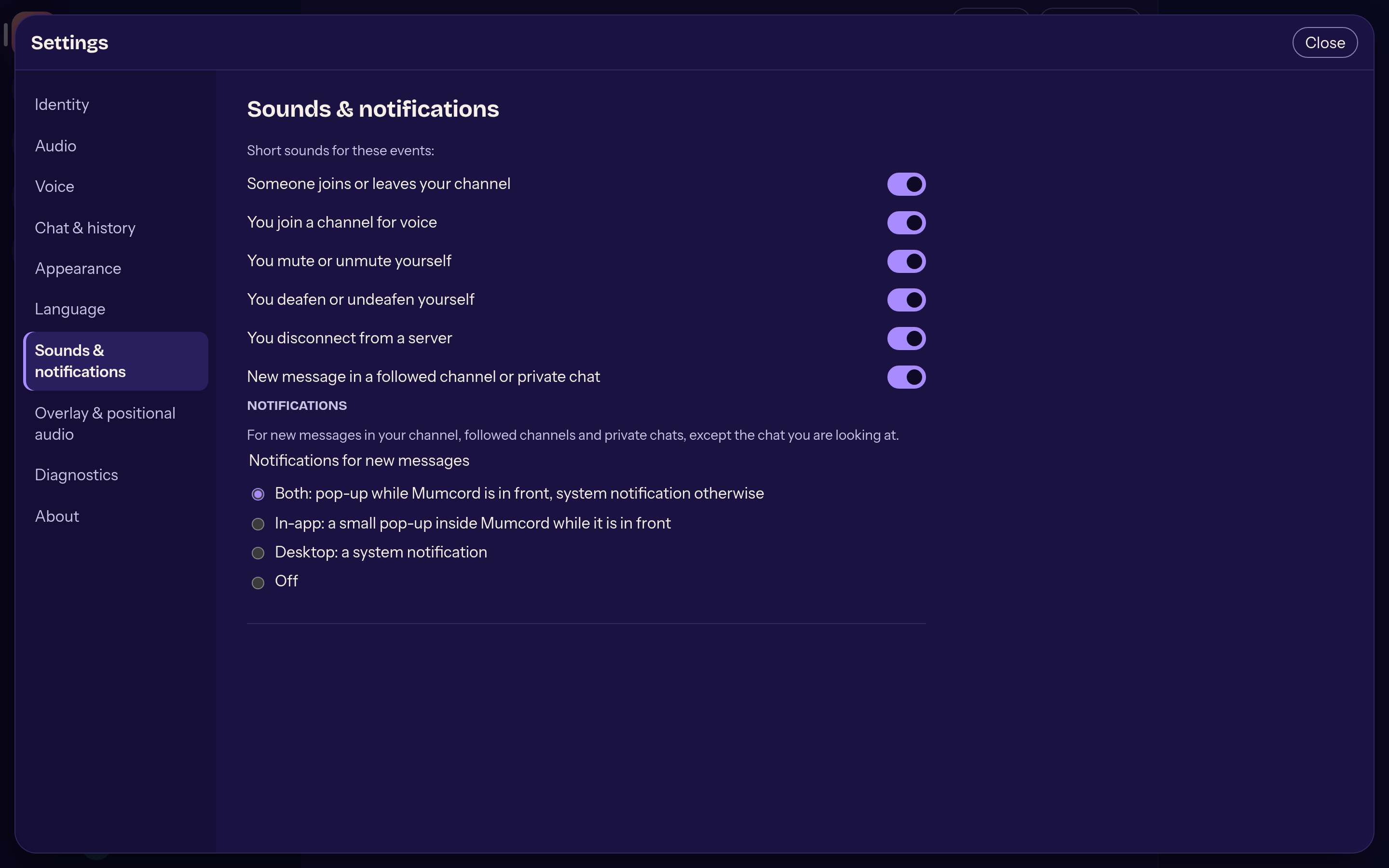 Sounds and notifications, set per event.