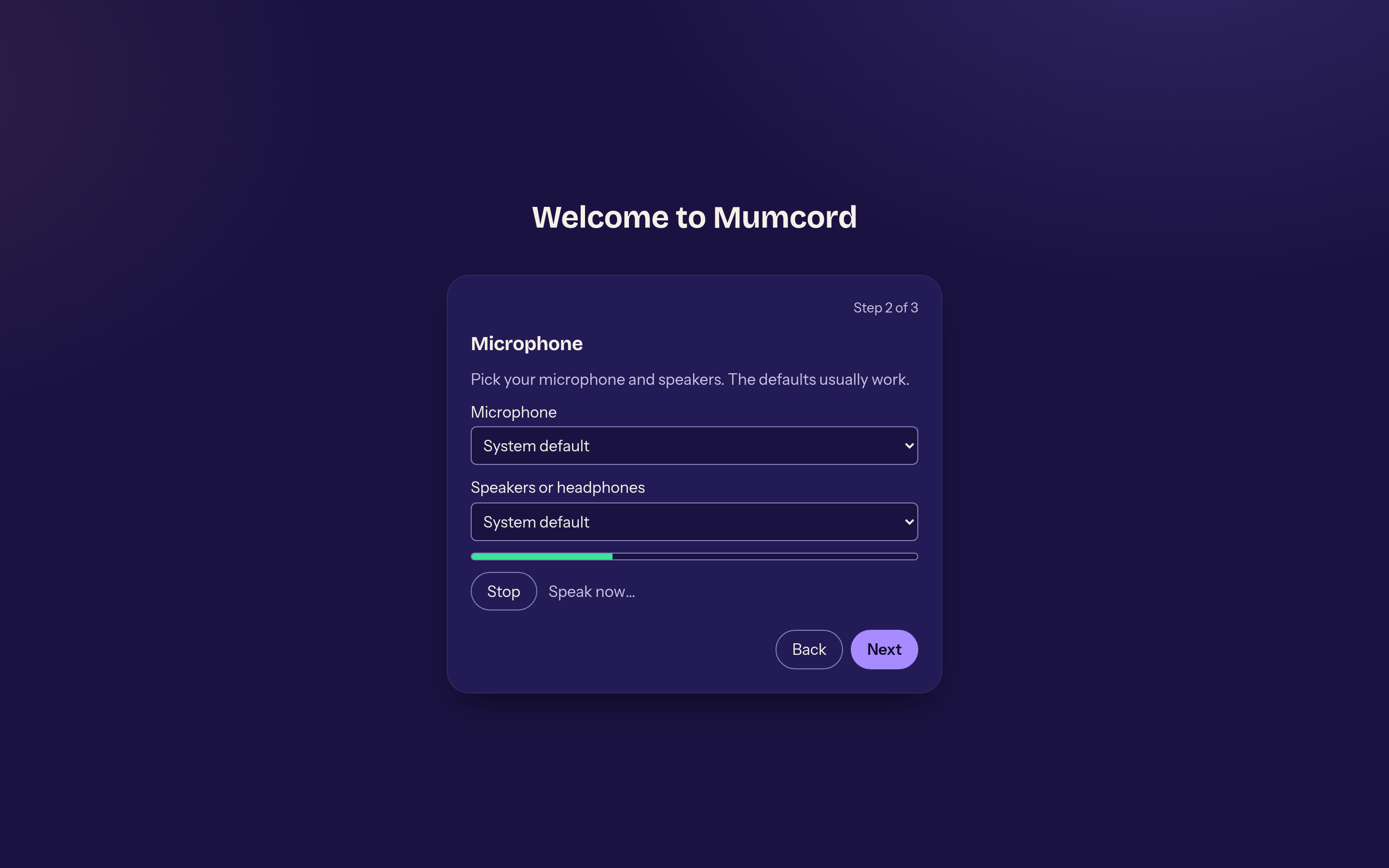 Setup wizard, microphone step with level test