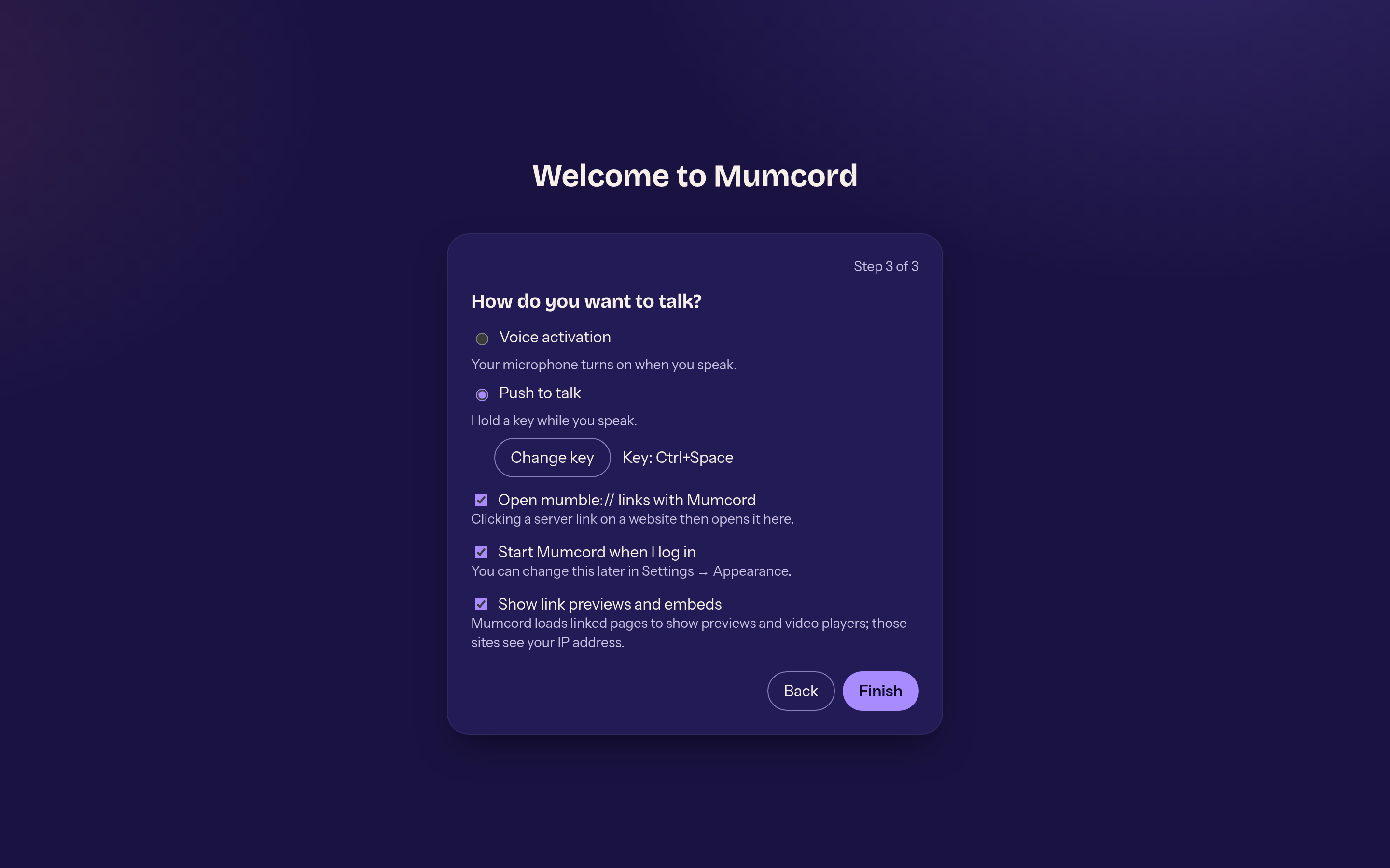 Setup wizard, talk mode step