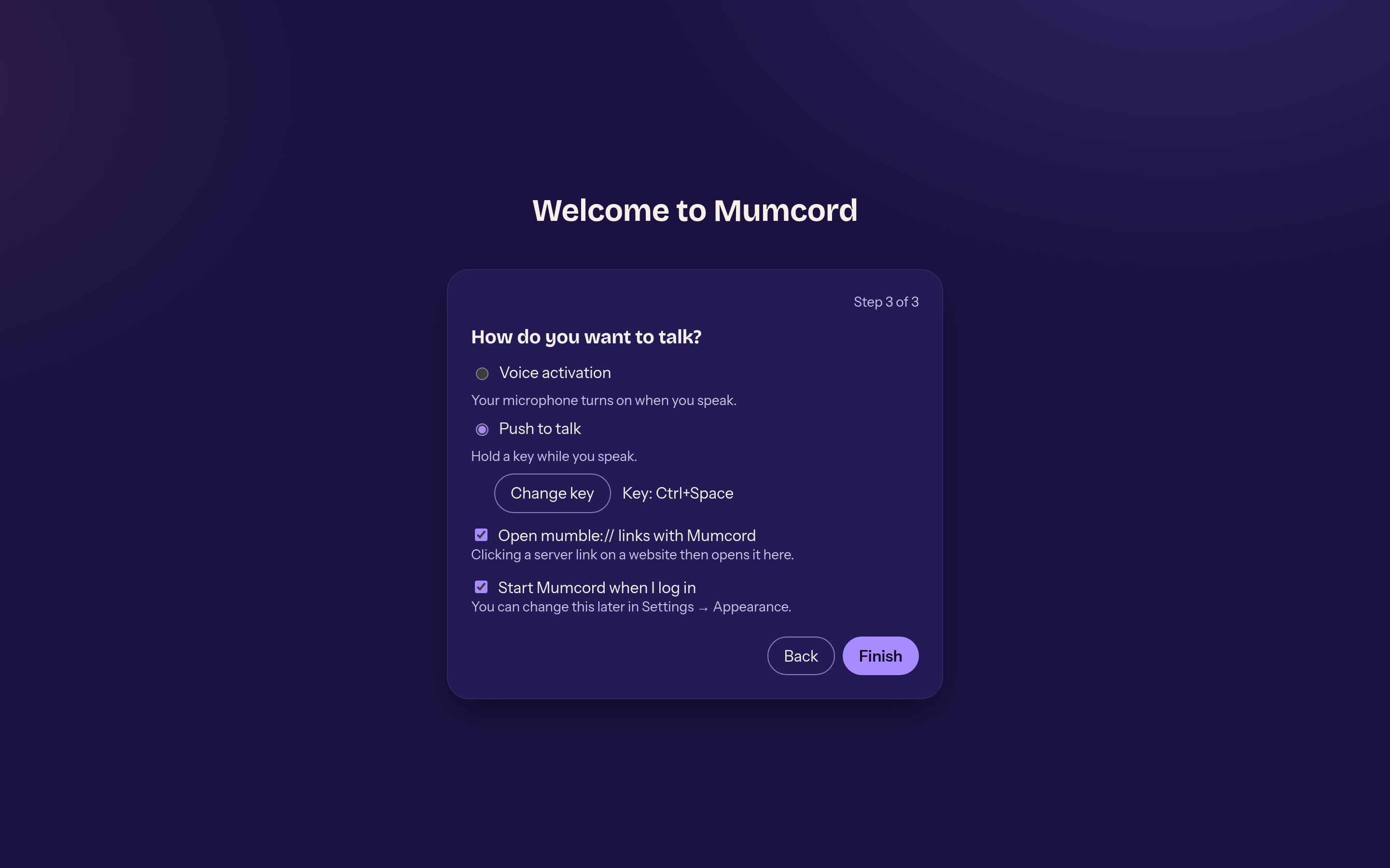 Voice activation or push-to-talk, mumble:// links and start at login.